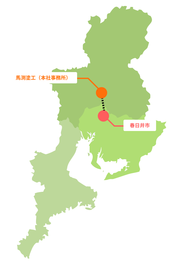 春日井市から馬渕塗工の事務所までの道のりと場所の関係の地図