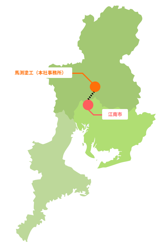 江南市から馬渕塗工の事務所までの道のりと場所の関係の地図